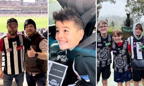 Montage of various Collingwood fans all wearing playing tops including two brothers at the MCG, a young supporter in the back on a car and three brothers at the Tucker Box