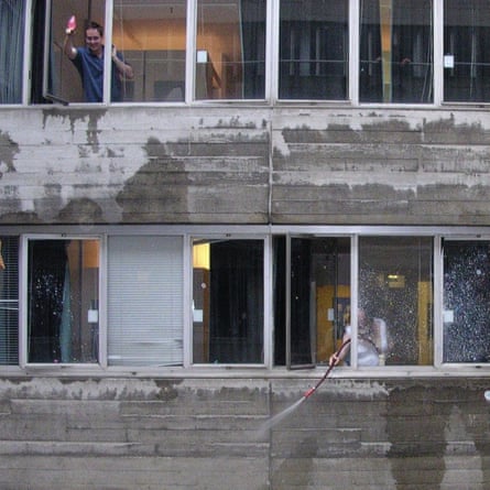 ‘A good deal of silliness’ … Matthew Macfadyen and Michael Gambon involved in a water fight in the courtyard of the National Theatre.