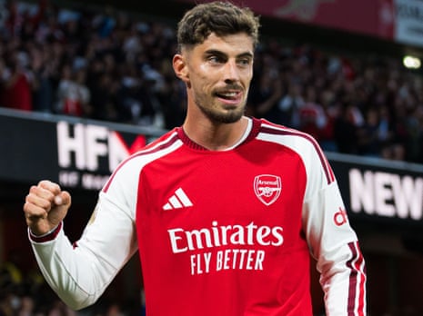 Kai Havertz celebrates scoring the first goal of the Premier League season to put Arsenal ahead against Coventry after 15 minutes.