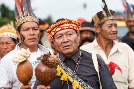Indigenous people of the Guarani-Kaiowa tribe protest