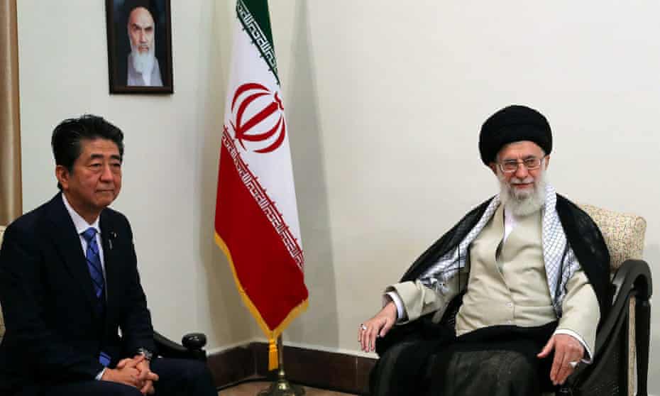 Iran’s supreme leader, Ayatollah Ali Khamenei, meets Japan’s prime minister, Shinzo Abe, in Tehran, Iran, on Thursday.