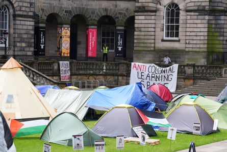 Students protest against the war in Gaza at an encampment at Old College.