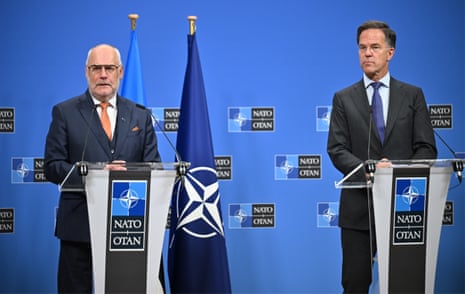 Nato secretary general Mark Rutte (R) and Estonian president Alar Karis (L) hold a joint press conference at the NATO headquarters in Brussels.