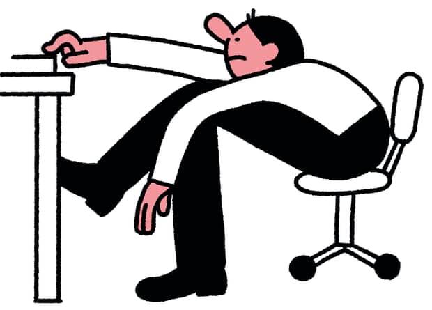 An illustration of a man completely bent over sitting on an office chair at a desk