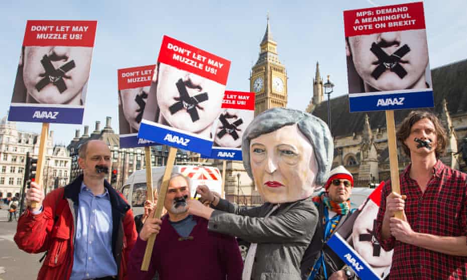 Protesters demonstrate outside parliament, calling for MPs to vote to approve the House of Lords amendment to the government’s Brexit bill.