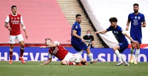 Mateo Kovacic of Chelsea tackles Granit Xhaka of Arsenal and gets an early bath after receiving his second yellow card.