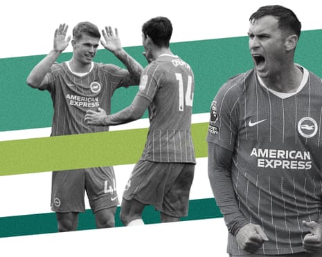 Brighton players Luka Vuskovic, Chema Andres and Pascal Gross celebrate and shout with intense expressions
