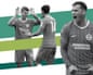 Brighton players Luka Vuskovic, Chema Andres and Pascal Gross celebrate and shout with intense expressions