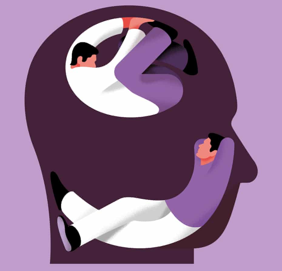 An illustration of two people curled up inside somebody's head
