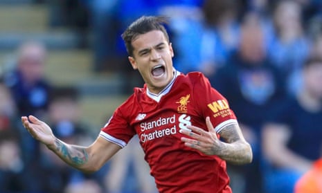 Philippe Coutinho celebrates scoring Liverpool’s second goal at Leicester City on 23 September
