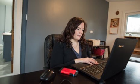 Taryn Wright searches for online hoaxes in her home office in Homewood, Illinois. 