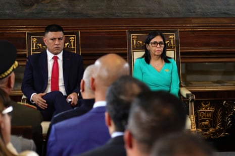 Delcy Rodriguez looks on after being sworn in as Acting President of Venezuela during the inaugural session for the 2026-2031 Legislative Constitutional Period at Palacio Federal Legislativo on January 05, 2026 in Caracas, Venezuela.