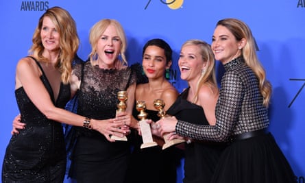 75th Annual Golden Globe Awards - Press RoomBEVERLY HILLS, CA - JANUARY 07: (L-R) Actors Laura Dern, Nicole Kidman, Zoe Kravitz, Reese Witherspoon and Shailene Woodley of ‘Big Little Lies,’ winner of the award for Best Television Limited Series or Motion Picture Made for Television, pose in the press room during The 75th Annual Golden Globe Awards at The Beverly Hilton Hotel on January 7, 2018 in Beverly Hills, California. (Photo by George Pimentel/WireImage)