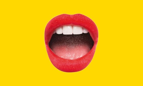 Illustration of red-lipsticked open mouth on yellow background