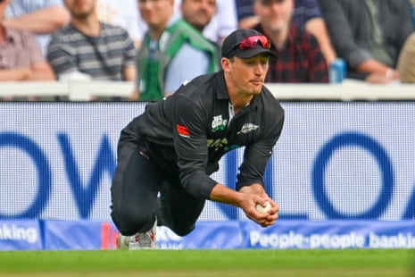 Will Young of New Zealand catches Jos Buttler of England off the bowling of Glenn Phillips of New Zealand during their One Day International match at the Oval.