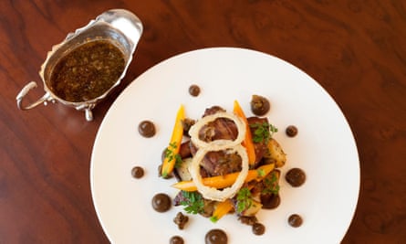 ‘Served with another one of those killer sauces’: calf’s liver with mustard sauce.