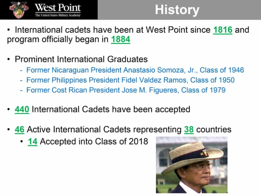 A presentation advertising the international program at West Point includes the former Nicaraguan dictator Anastasio Somoza.