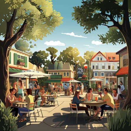 A brightly colored, photorealistic illustration of a town square, with people sitting at cafe tables under sun umbrellas.