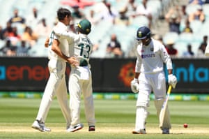 Australia v India: second Test, day four – live! | Sport 2 Mitchell Starc celebrates as Mayank Agarwal trudges off.