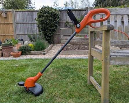 Andy Shaw testing the Flymo grass trimmer