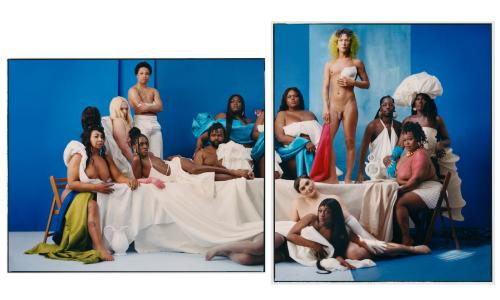 people draped in cloths and gathered around table