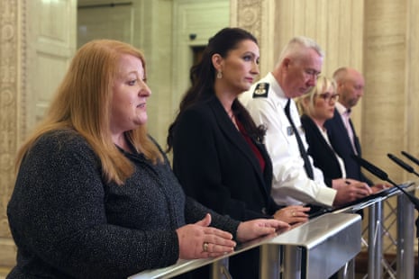 Naomi Long (left) at a press conference at Stormont yesterday.