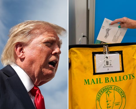 Split image: Trump shouting mid-speech beside a hand placing a ballot into a mail bag