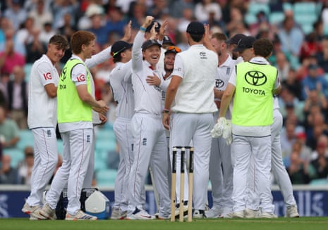 England’s Ollie Pope celebrates after a successful review for India’s Yashasvi Jaiswal lbw wicket off the bowling of England’s Gus Atkinson.