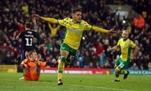 Another Luton graduate, Max Aarons, wheels away after scoring for Norwich City against Rotherham in the Championship.