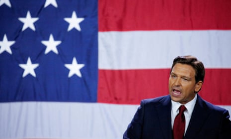 Republican Florida Governor Ron DeSantis speaks as he celebrates onstage during his 2022 midterm elections night party in Tampa, Florida, on 8 November.