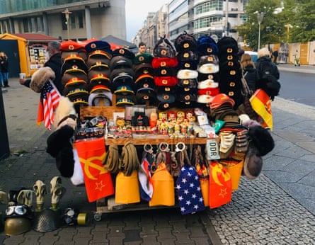 Souvenirs and merchandise for tourists at Checkpoint Charlie.