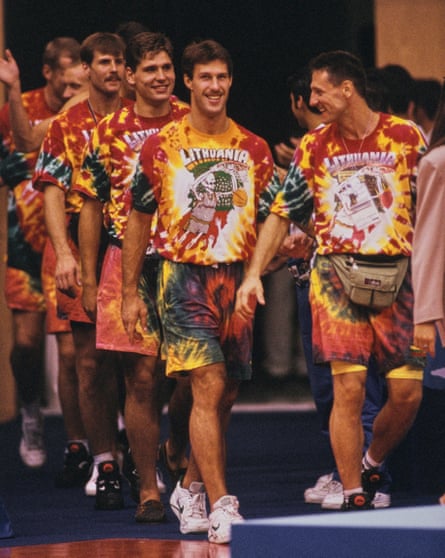 1992 Summer Olympics - Men’s BasketballLithuanian basketball player Sarunas Marciulionis among his teammates, all wearing tie-dye kits, emerge on the court during a men’s basketball match of the 1992 Summer Olympics, at the Palau Municipal d’Esports de Badalona, in Barcelona, Catalonia, Spain, 1992. Lithuania, whose tie-dye kits were sponsored by the Grateful Dead, won the tournament’s bronze medal.
