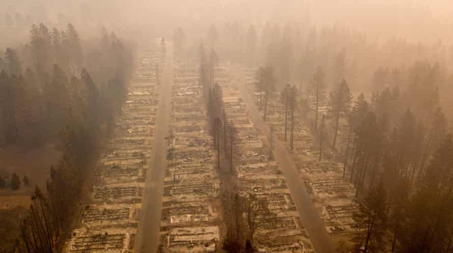 A burned neighborhood in Paradise, California.