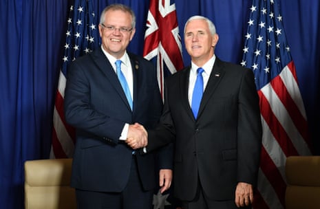 Mike Pence shakes hands with Scott Morrison during a meeting in Port Moresby in 2018.