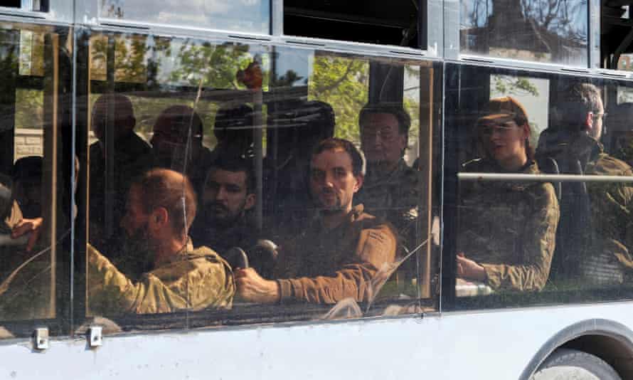 A bus carrying service members of the Ukrainian armed forces, who surrendered at the besieged Azovstal steel mill.