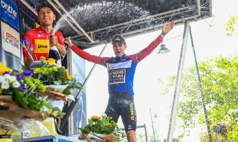 Wout van Aert of Jumbo-Visma (right) on the podium after winning the Tour of Britain.