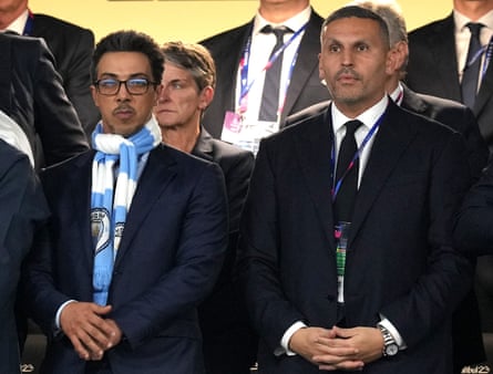 Manchester City owner Sheikh Mansour bin Zayed bin Sultan Al Nahyan chairman Khaldoon Khalifa Al Mubarak (right) in June 2023