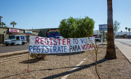 Signs reminding people to register to vote in south Phoenix. “Whoever wins the Latino vote, is going to win Maricopa County. And whoever wins Maricopa county is going to win Arizona,” said Joseph Garcia.