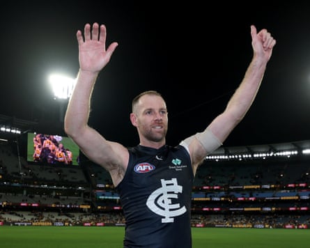 Sam Docherty celebrates the last of his 184 AFL games in 2025