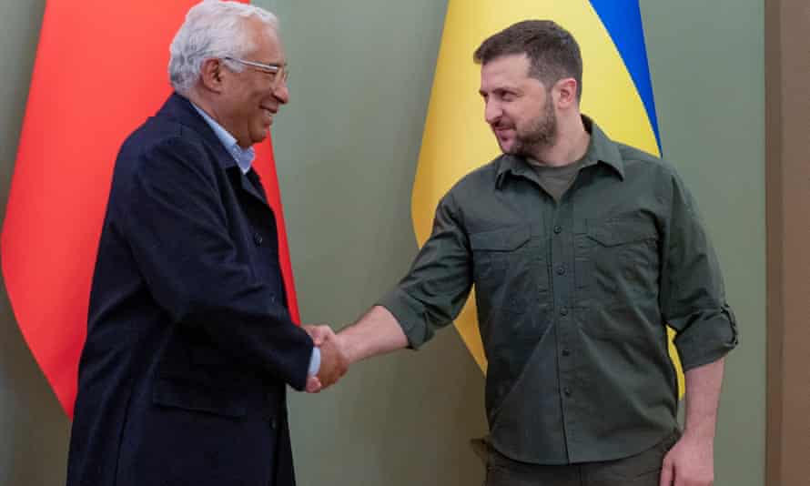 Ukraine’s president Volodymyr Zelenskiy (right) welcomes Portuguese prime minister Antonio Costa to Kyiv on Saturday.