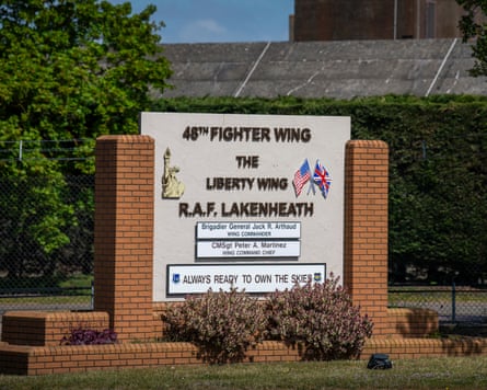 The main gate entrance to RAF Lakenheath, ‘the largest American base in the UK which has more than 6,000 US military personnel and is home to several fighter jet squadrons consisting of F-35s and F-15Es. Many of Lakenheath’s aircraft are now in the Middle East, but the base has also served as a staging post for moving aircraft from the US to the region.’