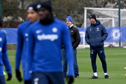 Todd Boehly and Graham Potter during a training session at their Cobham training ground