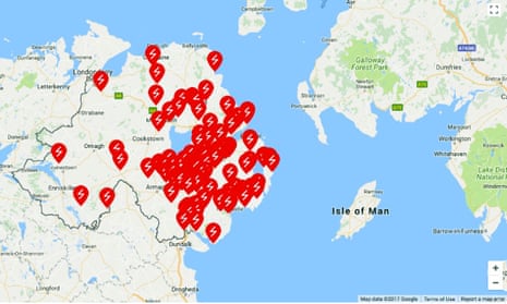 map of powercuts in NOrthern Ireland as a reuslt of Hurricane Ophelia .