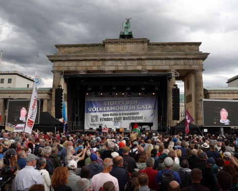British musician and singer-songwriter Roger Waters speaks via video link at the pro-Gaza demonstration organised the leftist BSW (Buendnis Sahra Wagenknecht) political party and the "World in Peace" alliance in Berlin, Germany.