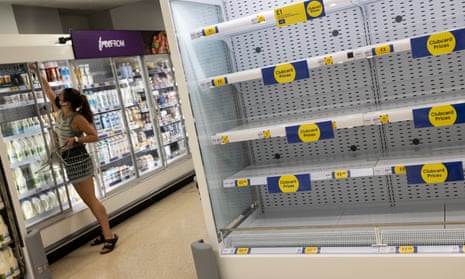 Empty supermarket shelves are seen on 23 July, 2021 in London. Luke Pollard, shadow environment secretary, said food supply security is fundamental and empty shelves ‘show the system is failing’.