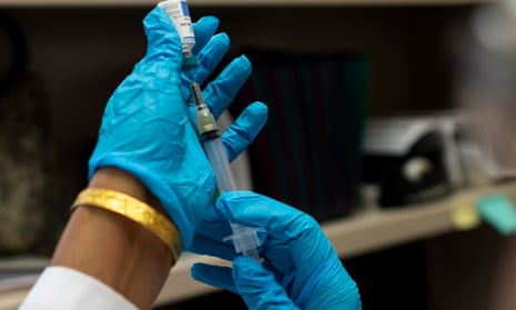 A nurse prepares the measles, mumps and rubella vaccine in Rockland county, New York.