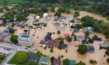 Aerial view of homes submerged under flood waters in Jackson, Kentucky, on 28 July
