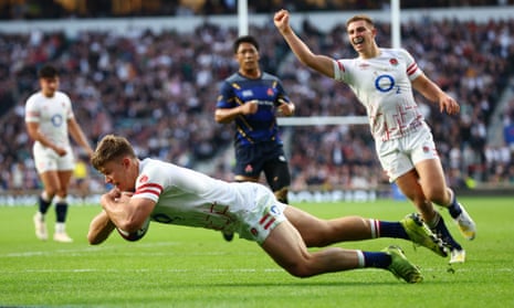 Guy Porter dives for England’s third try of their commanding win against Japan in the Autumn Nations Series.