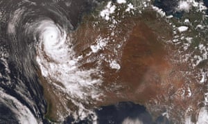 A satellite image shows Tropical Cyclone Damien as it crosses the coast of Western Australia’s Pilbara region.