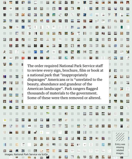 Screenshot of over 500 squares representing entries in a database of possible items for removal at national parks. Guardian Design